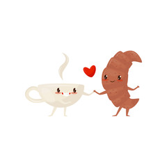 Croissant and cup of tea are friends forever, cute funny food cartoon characters vector Illustration on a white background