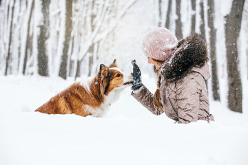 Beautiful young woman and funny red dog are walking in the snow in the park. They walk and play in the snowstorm.
