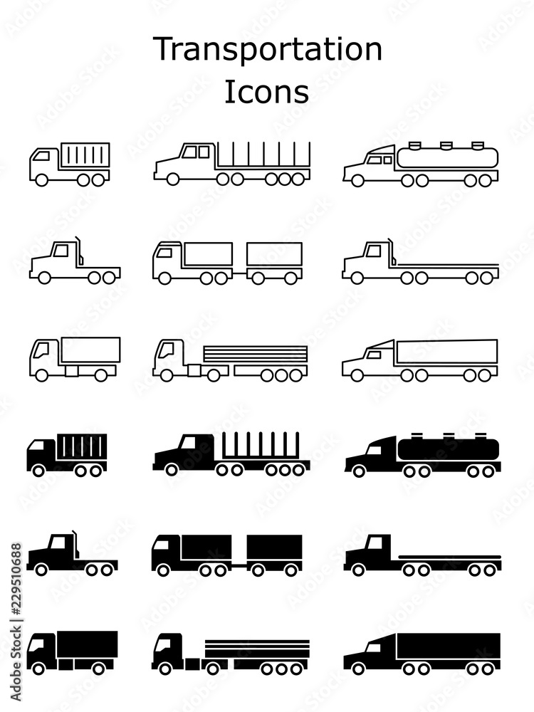 Sticker transportation icons set. delivery trailers, cargo trukcs, dumpers and van vector illustration isola