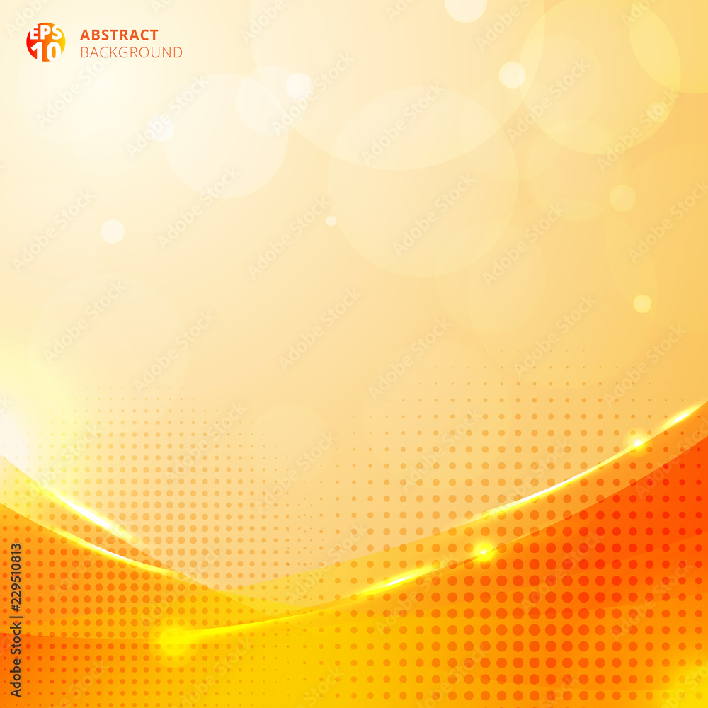 Poster abstract circles and halftone with lighting effect and bokeh on orange background.