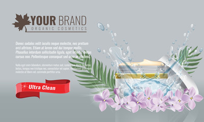 Vector illustration of Beautiful hydrating facial cream cosmetic ads on bubble background with flowers and palm leaf.