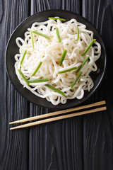 Traditional Japanese udon noodles with green onions close-up on a plate on a black table. Vertical...
