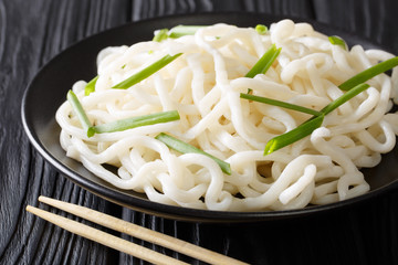 Traditional Japanese udon noodles with green onions close-up on a plate on a black table. horizontal