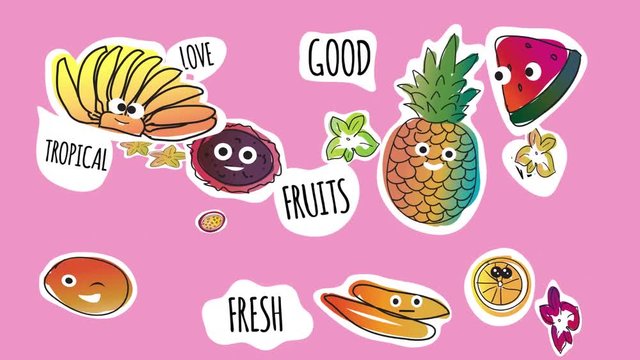 Funny and cute tropical fruit characters stickers in motion. Tropical summer fruits animation on color background. Retro stylish texture of summer fruits. Retro design. stock footage