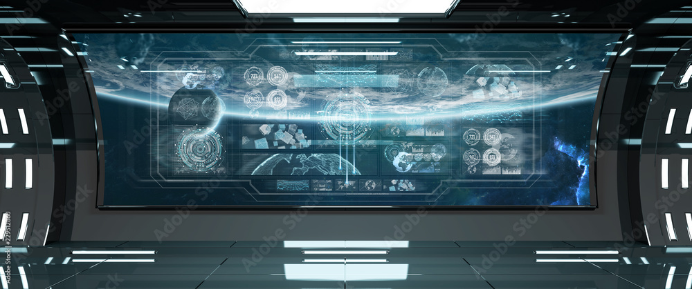 Poster dark spaceship interior with control panel digital screens 3d rendering