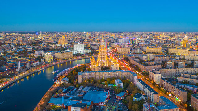 Aerial view of Moscow City with Moscow River, Russia, Moscow skyline with the historical architecture  skyscraper and Moskva River.
