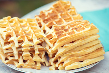 Homemade Belgian Waffles On The White Plate