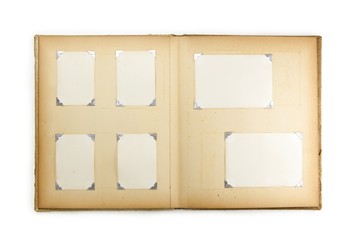1950s photo album, opened with six pictures, isolated on white. - obrazy, fototapety, plakaty