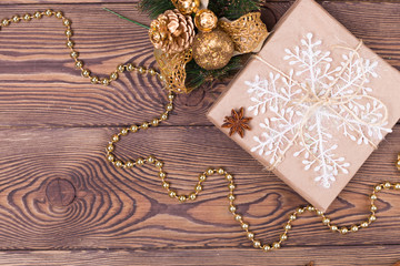 Christmas and New Year holiday background. Christmas decor on a wooden table. Flat lay, copy space