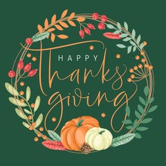Happy thanksgiving card with modern brush calligraphy and decorative wreath. Vector illustration - 229514089