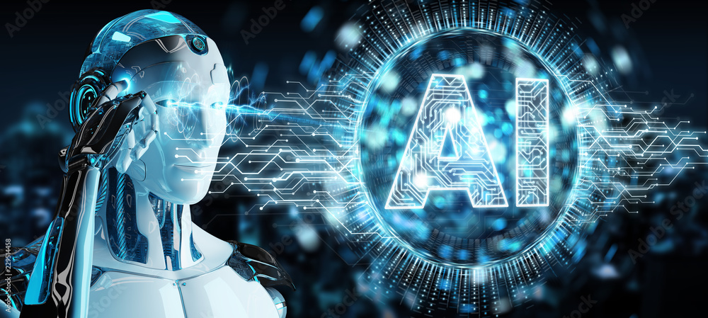 Leinwandbilder white humanoid using digital artificial intelligence icon hologram 3d rendering