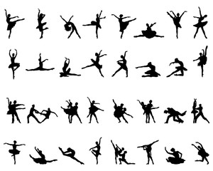 Black silhouettes of ballerinas on white background, vector