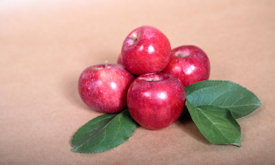 Red apples with green foliage lie on a light background. Space for text.