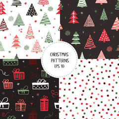 Traditional Christmas and New Year patterns set in green, red and white colours with florals, berries, holly, mistletoe, christmas trees and flowers in doodle style.