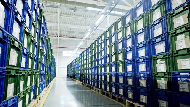 Large group of plastic boxes in a warehouse