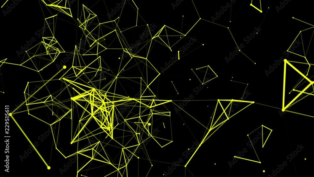Poster yellow particles are moving slowly against a dark background. abstract animation. 3d rendering