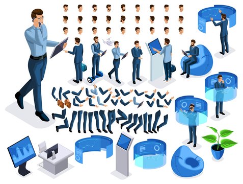 Isometric set business men with gadgets, create your character, a set of emotions, gestures of hands, feet, hairstyles