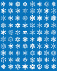 Set of different white snowflakes on a blue background