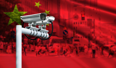 Smart surveillance cameras help automatically track identify almost every move in China. Machine Learning analytics face identify person technology , Artificial intelligence concept. - obrazy, fototapety, plakaty