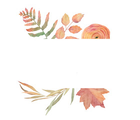 Watercolor floral template for wedding cards, invitations,  birthday. Hand drawn autumn illustration with flowers and leaves