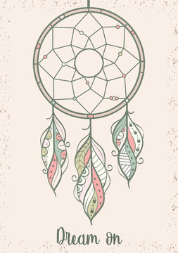 Hand drawn illustration of dream catcher, vector illustration with colorful ethnic feathers, poster