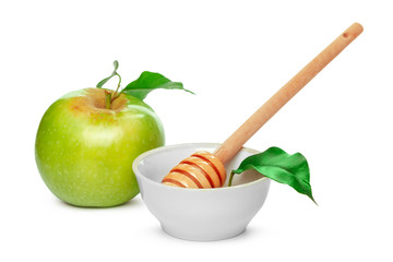 Apples and honey jar for jewish new year holiday isolated on white background