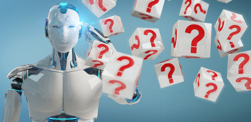 White robot using digital question marks 3D rendering