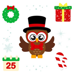 winter cartoon cute owl in hat with tie and christmas elements illustration vector