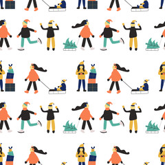 Winter seamless pattern with people: skating man, women with sled, women with gift, men in sweater, women with child, women with snowman. Christmas holiday art.