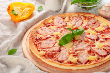 Delicious fresh pizza served on wooden table