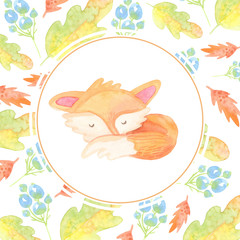 cartoon greeting card template. watercolor illustration. frame autumn, berries harvest, leaves, baby foxes. isolated on white background