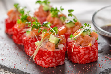 fresh sushi on rustic wooden table