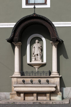 fountain and Saint Istvan sculpture Eger Hungary