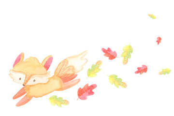 cartoon greeting card template. watercolor illustration. autumn, berries harvest, leaves, baby foxes. isolated on white background