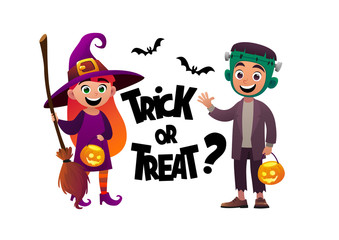 Cartoon children witch and monster costume trick or treat background