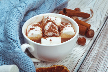 Hot chocolate with marshmallows on the table