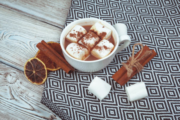Hot chocolate with marshmallows on the table