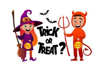 Cartoon children witch and devil costume trick or treat background