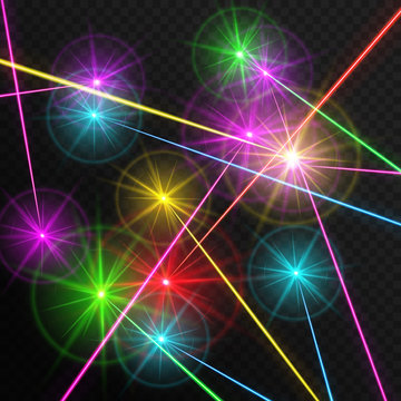 Vibrant vector illustration with set of multi-colored laser beams on a transparent background