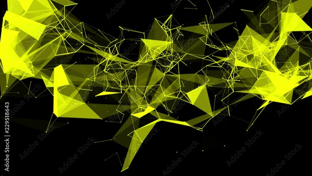 Poster yellow particles are moving slowly against a dark background. abstract animation. 3d rendering