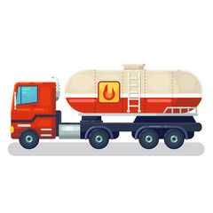 truck with tank and ladder. Heavy industrial vehicle with large reservoir for transporting liquid, gas, oil. Modern flat cartoons style vector illustration icons. Isolated on white.