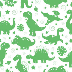 Seamless pattern with dinosaurs and leaves, green silhouettes icons on a white background 