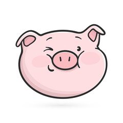Winking emoticon icon. Cute emoji pig is winking.