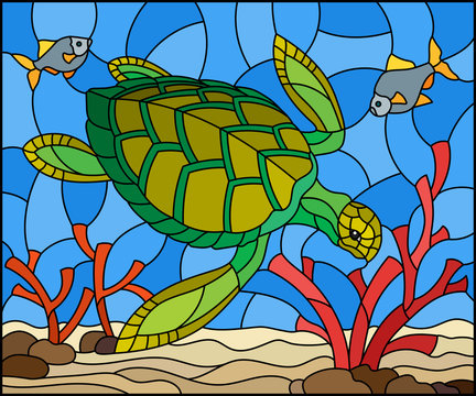 Illustration in stained glass style with sea turtle on the seabed background with algae, fish and stones