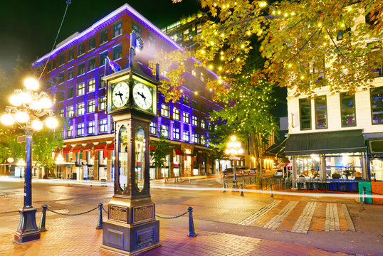 Night view of Historic Steam Clock in Gastown Vancouver,British Columbia, Canada