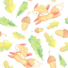 cartoon seamless pattern. watercolor illustration. autumn, harvest, leaves, baby fox, mushrooms, berries, oak on white background