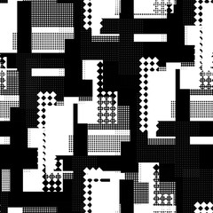 Fototapeta premium Seamless pattern urban design. Black and white print with halftone dots and squares. Watercolor effect. Suitable for bed linen, leggings, shorts and fashion industry.