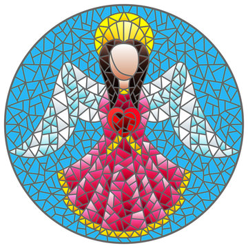 Illustration in stained glass style with an abstract angel in pink robe with a heart , round picture