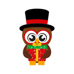 winter cartoon cute owl in hat with christmas gift