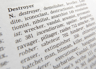 Naklejka premium CLOSE UP OF DICTIONARY PAGE SHOWING DEFINITION OF THE WORD DESTROYER